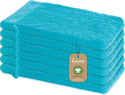 Produktbild von Lavea® 6er Set Waschlappen 16x22 cm, Waschhandschuhe Bali Frottee für Gesicht & Körper, kleine Handtücher, 100% GOTS Baumwolle, Premium Frottier, Türkis