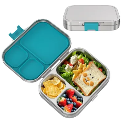 Produktbild von Lunchbox aus Edelstahl für Kinder, Bento-Lunchbox aus Metall für Kinder mit 3 Fächern und einem Dichtungsring, Lunchbox geeignet für Kinder und Erwachsene, spülmaschinenfest.