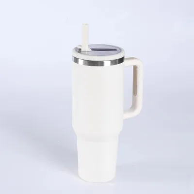 40 oz Isolierbecher mit Klappdeckel, Strohhalm, Griff, Edelstahl, Weiß