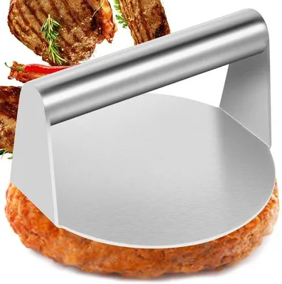 Obrázok produktu pre Ibenzoa® Profesionálny okrúhly lis na hamburgery z kvalitnej nehrdzavejúcej ocele – priemer 13 cm x výška 7,1 cm, rukoväť priemer 2 cm, vhodný do umývačky riadu, určený na hamburgery, šunku a sendviče
