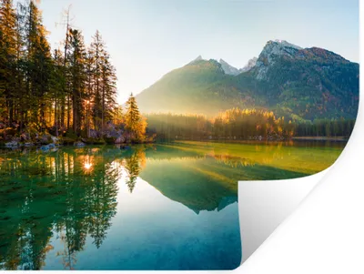 Produktbild von MuchoWow® Wandtattoo Wandsticker Wandaufkleber See - Wald - Berge - Natur - Sonne - Landschaft 120x90 cm Selbstklebend und Repositionierbar - Aufkleber