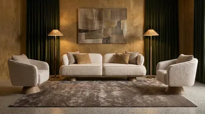 Productafbeelding van Design bankstel 3+1+1, beige, modern. Bankstel bestaande uit een 3-zitsbank en twee 1-zitsbanken, AI-gegenereerde afbeelding