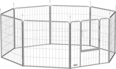 Immagine prodotto di Fortuna Lai Recinto per cuccioli alto 80 cm, 8 pezzi Recinto per cani Recinto per cuccioli con cintura e porta, recinto all'aperto per cani di taglia piccola e media, porcellini d'India, conigli, acciaio, argento