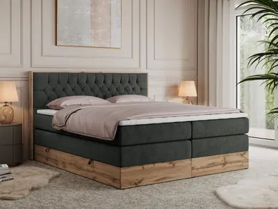 Produktbild von MKS MEBLE King Boxspringbett 140x200 mit Bettkasten Eiche, Polsterbett 140x200 mit Matratze H3, Bett 140x200 mit Kopfteil, Bett mit Holzrahmen in Wotan Eiche - Dunkelgrau Struktur - Amore King