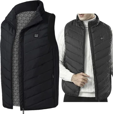 A collage showing a black heated vest from the front and a man wearing a similar vest.