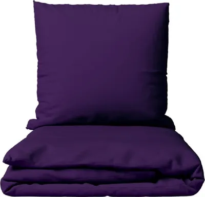 A folded duvet cover and a pillowcase, both in a deep purple color, are neatly stacked against a white background.