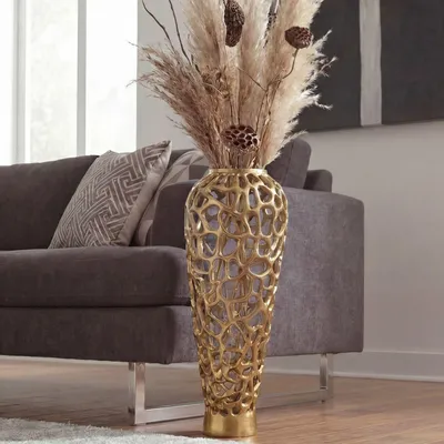 Produktbild von WOHNLING Bodenvase Aluminium 60cm Gold Design Blumenvase Groß Metallvase Modern Dekovase rund für Trockenblumen XXL Standvase Hoch Wohndeko Handmade