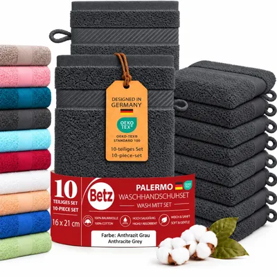 Produktbild von BETZ Waschhandschuhe Palermo 10 Stück 16x21 cm – 100% Baumwolle 360g/m² – Weiche Frottee Waschlappen – Pflegeleicht & saugstark – Farbe anthrazit