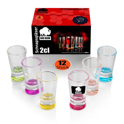 Produktbild von BigDean 12 Stück farbige Schnapsgläser 2cl in Geschenkbox – robuste Shotgläser spülmaschinenfest - in Gastro Qualität