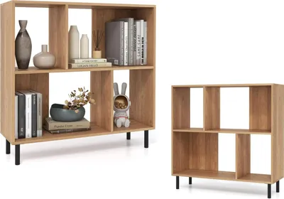 A product shot of a wooden bookshelf with decorative items and books, and a separate shot of an empty bookshelf.