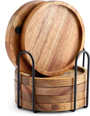 Produktbild von Untersetzer Holz Rund für Gläser 6er Set, Untersetzer aus Akazienholz mit Halter, Glasuntersetzer für Getränke, Bar, Tassen, Glas