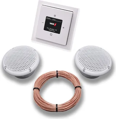 Produktbild von Busch Jäger DAB+ Unterputz Unterputzradio DAB Plus 8215 U – 101 Future Linear Studioweiß - Komplettset + 2 x Deckenlautsprecher Feuchtraum Badezimmer + 20 m Lautsprecherkabel 2x0,75 mm² 8215U-101
