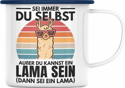 Produktbild von Trendation - Llama Emaille Tasse Alpaka Geschenk Lama-Liebhaber Geschenkidee Frauen Sei Immer Du Selbst (Blau)