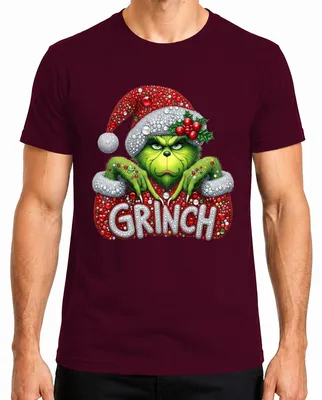 Obrázok produktu pre Vianočné tričko pre mužov s potlačou Grinch a trblietavým vzorom, bordová farba, veľkosť S
