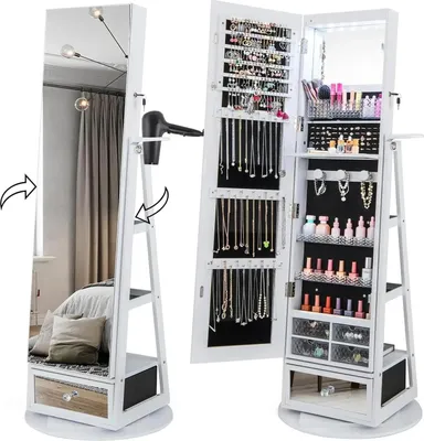 Image de Armoire à bijoux - Armoire à glace - Rotation à 360° - Miroir en pied - Éclairage LED - Tiroir et support pour sèche-cheveux - Bois - Blanc