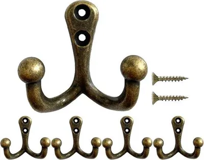 Produktbild von 5 Stück schwere Vintage-Wandhalterungen - doppelte Metallhaken für Kleidung, Jacken, Badmäntel, Handtücher, Hüte, Schlüssel und Taschen, Bronze