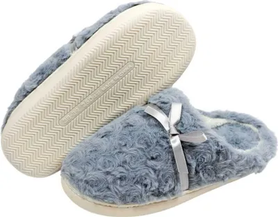 Produktbild von Damenpantoffeln mit Schleife – Bequeme und warme Hausschuhe in Blau-Grau, 42-43