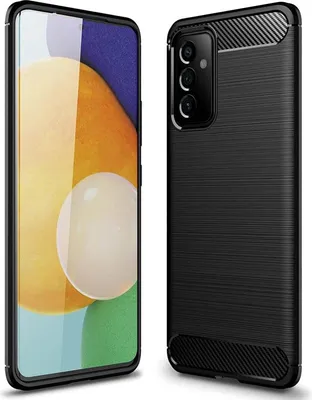 A product shot of a black phone case, shown from two angles.