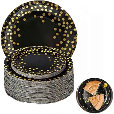 50 Wegwerpteller, schwarz-gold, Ø 17,8 cm, Papier, für Partys