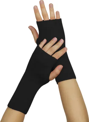 A pair of black fingerless gloves worn by a person, with the hands crossed.
