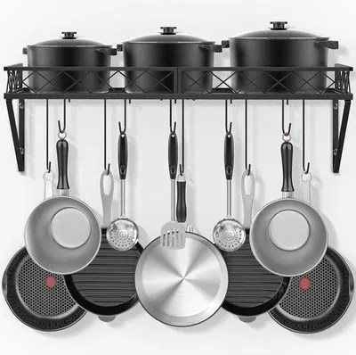 Productafbeelding van Famanu hangrek met 10 haken - Praktisch keukenrek voor pannen en potten - 70 x 28 x 23 cm - Zwart