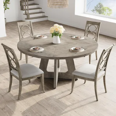Image de Table ronde de salle à manger de 120 cm de diamètre, pour 4 à 6 personnes, de couleur grise, avec une base en bois et des pieds réglables