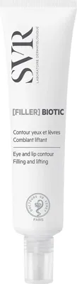 A white tube of SVR [Filler] Biotic eye and lip cream against a white background.