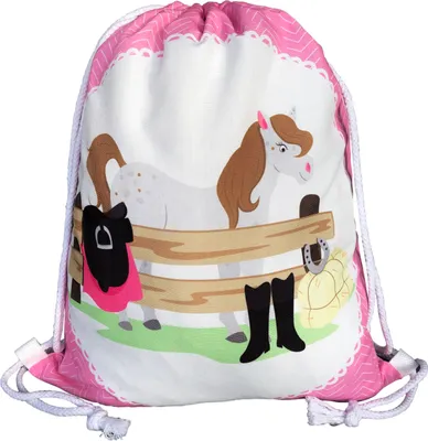 Produktbild von HECKBO® Pferde Mädchen Turnbeutel - mit Buntem Pferd Bauernhof Motiv (beidseitig) - 40x32cm - waschmaschinenfest - geeignet für Sport, Schule, Freizeit, Kindergarten, Krippe, Urlaub, Reitunterricht