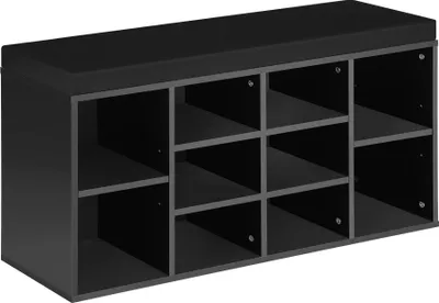 A black shoe cabinet with multiple cubbies, topped with a padded seat.
