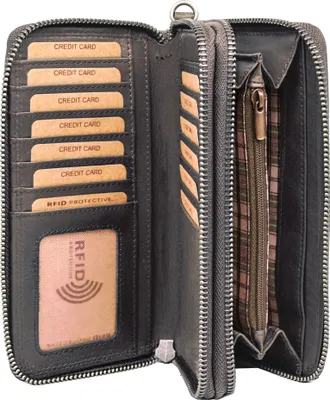 Produktbild von Benthill Damen Geldbörse Groß Leder RFID - Portemonnaie aus echtem Rindsleder - Geldtasche mit Doppeltem Reißverschluss - Geldbeutel mit vielen Kartenfächer