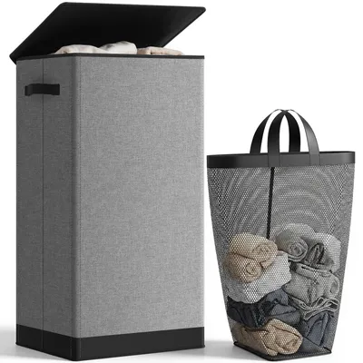 Wasmand 100L mit Deckel, herausnehmbarer Wäschesack, faltbar, grau