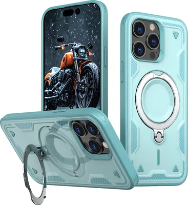 Produktbild von Dual Layer Hülle für iPhone 12 Pro Max/13 Pro Max Metall Ring Ständer Magnetisch Stoßfest Militär Handyhülle Türkis