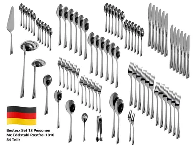 Produktbild von Besteckset 84-teilig Edelstahl 18/10 „Madrid“ für 12 Personen – Tafelbesteck Set inkl. Servierbesteck, rostfrei, spülmaschinengeeignet, ohne Koffer