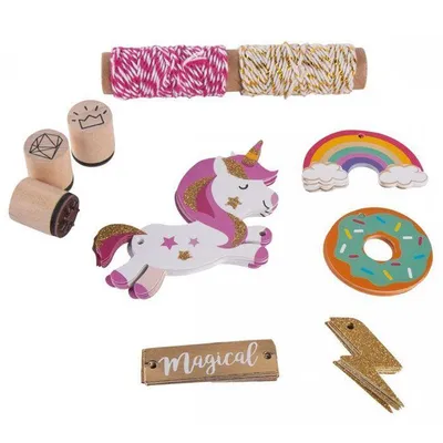 Produktbild von Rayher Bastelset Geschenkanhänger Einhorn, 5 Tags, 10 Verzierungen, 4,5 m Schnur