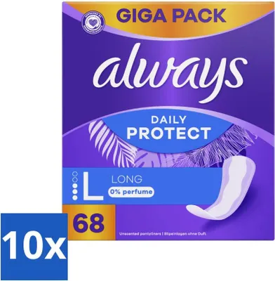 Produktbild von Always – Slipeinlagen – Lang – 0 % Duftstoffe – Vorteilspackung – 68 Slipeinlagen - Vorteilspack - 10 Stücke