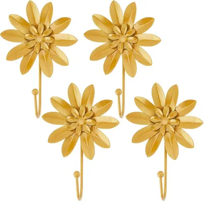 4 goldene Blumenhaken aus Metall, Eisen, 13x9,7x4,1 cm, Wandmontage