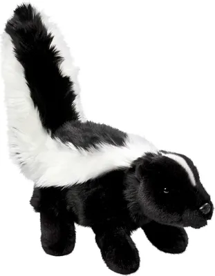 A plush toy skunk is shown against a white background.