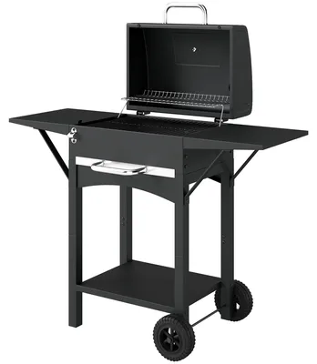 Produktbild von Holzkohlegrill mit 2 Seitenablagen, Thermometer, Deckel und R?dern, 110 x 46,5 x 101 cm, Schwarz