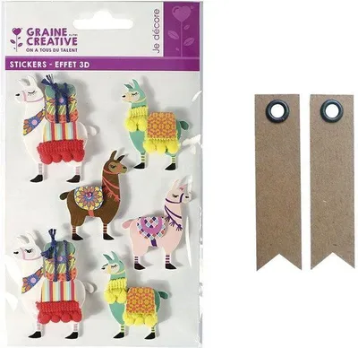 Produktbild von 6 Aufkleber 3D - Lama 6 cm + 20 Wimpel Kraft Etiketten