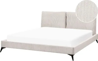 Produktbild von BELIANI Polsterbett Hellbeige Cord mit Lattenrost 180 x 200 cm Hohes Kopfteil Schwarze Metallfüße Modernes Design Schlafzimmer Ausstattung Möbel