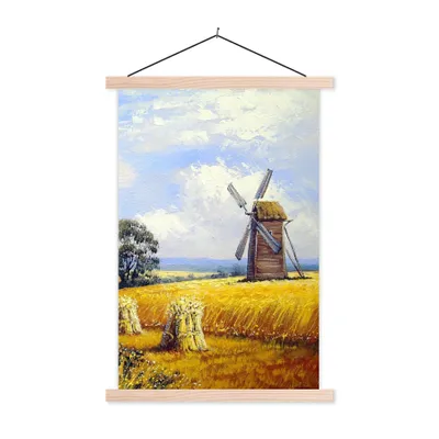 Produktbild von MuchoWow® Textilposter Gemälde - Bauernhof - Mühle - Ölfarbe 120x180 cm mit holzfarbenen Rahmen - Textil-Plakat