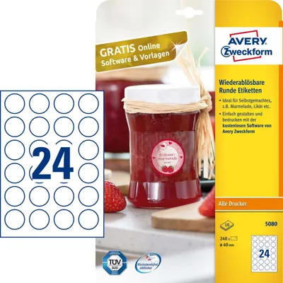 Produktbild von Etiketten rund 40 mm weiß wiederablösbar VE=240 Stück