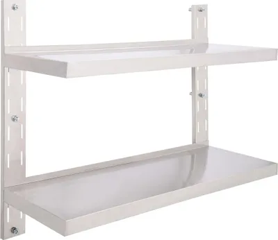 A stainless steel wall shelf with two tiers, mounted on a white background.