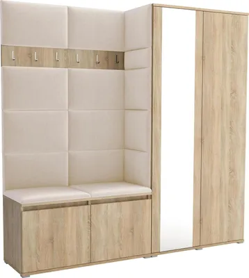 Produktbild von Garderoben-Set Noris IV mit Spiegel, gepolsterte Garderobe mit Sitzbank, Wandpaneelen und Stauraum (Farbe: Sonoma Eiche + Trinity 01)