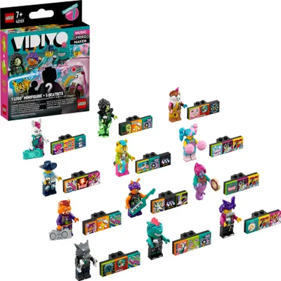 A collection of LEGO VIDIYO Bandmates minifigures and accessories, displayed against a white background.