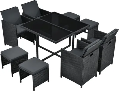 Juskys Polyrattan Sitzgruppe Baracoa L 9-teilig wetterfest & stapelbar – Gartenmöbel Set mit 4 Stühle, 4 Hocker & Tisch für Garten & Terrasse