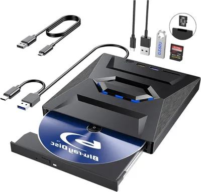 Productafbeelding van Externe Blu Ray Drive - Draagbare Brander - Data Archiveren - 6-in-1 Hub Functie - 15.2 x 14.2 cm - Zwart