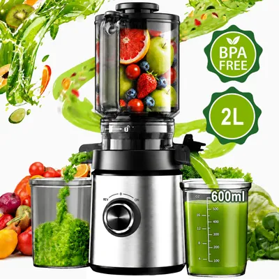Produktbild von Slow Juicer Entsafter mit 140-mm-Einfüllöffnung,hoher Saftausbeute,REV-Funktion 400 W, BPA-frei, spülmaschinengeeignet, inkl. 2 Behältern