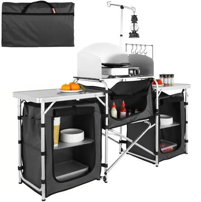 Produktbild von VEVOR Campingküche Tisch, faltbarer Outdoor-Kochtisch mit Aufbewahrungstasche, Aluminium-Kochstation mit 3 Schränken & abnehmbarem Windschutz, schnelle Einrichtung für Picknicks, BBQ, Wohnmobilreisen, Schwarz, Verbesserte Version, Schwarz