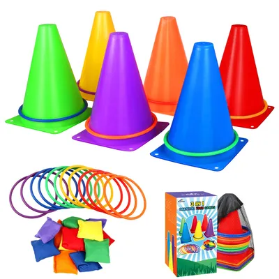 Imagen del producto de Juego de exterior de 31 piezas, 3 en 1: juego de lanzamiento con sacos para cornhole y juego de lanzamiento de aros, para niños